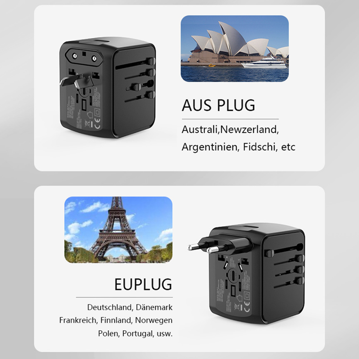 Zwei schwarze Reiseadapter mit unterschiedlichen Steckerkonfigurationen. Einer ist für Australien, der andere für Europa.