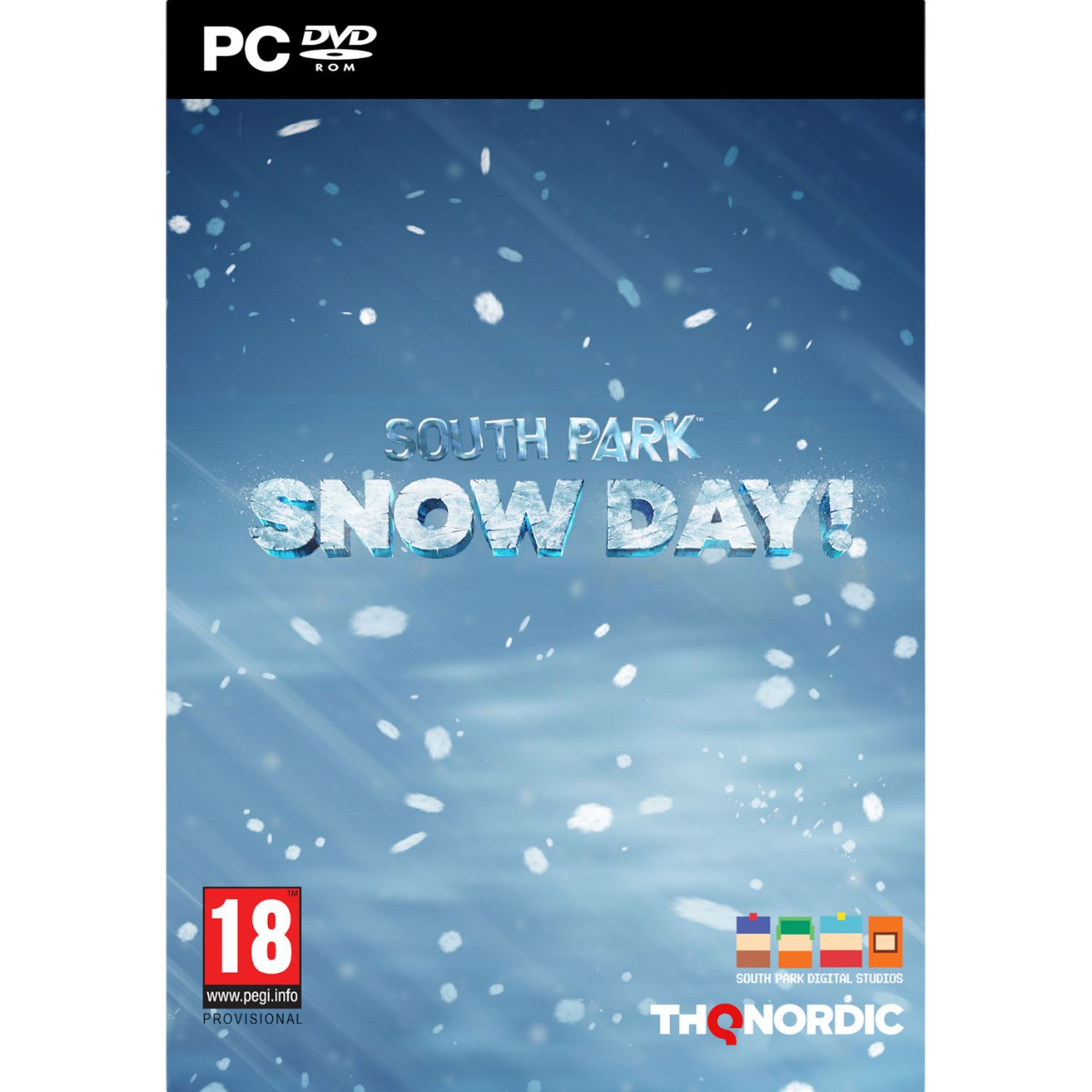 Okładka gry South Park: Snow Day! z ośnieżonym tłem, ocena 18 i logo.