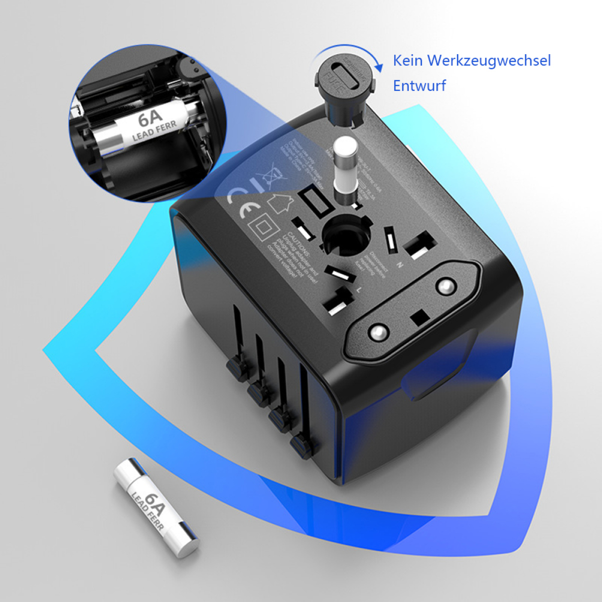 Ein schwarzer Adapter mit mehreren Steckern und einer Sicherung, mit Text.