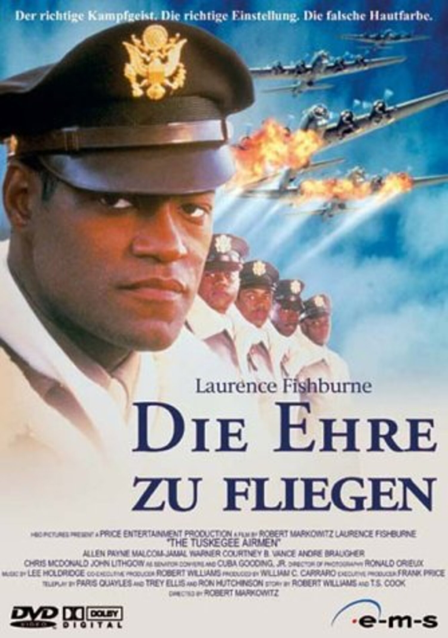 Filmposter auf Deutsch mit dem Titel 'Die Ehre zu Fliegen'. Zeigt einen schwarzen Mann in Uniform und Militärflugzeuge.