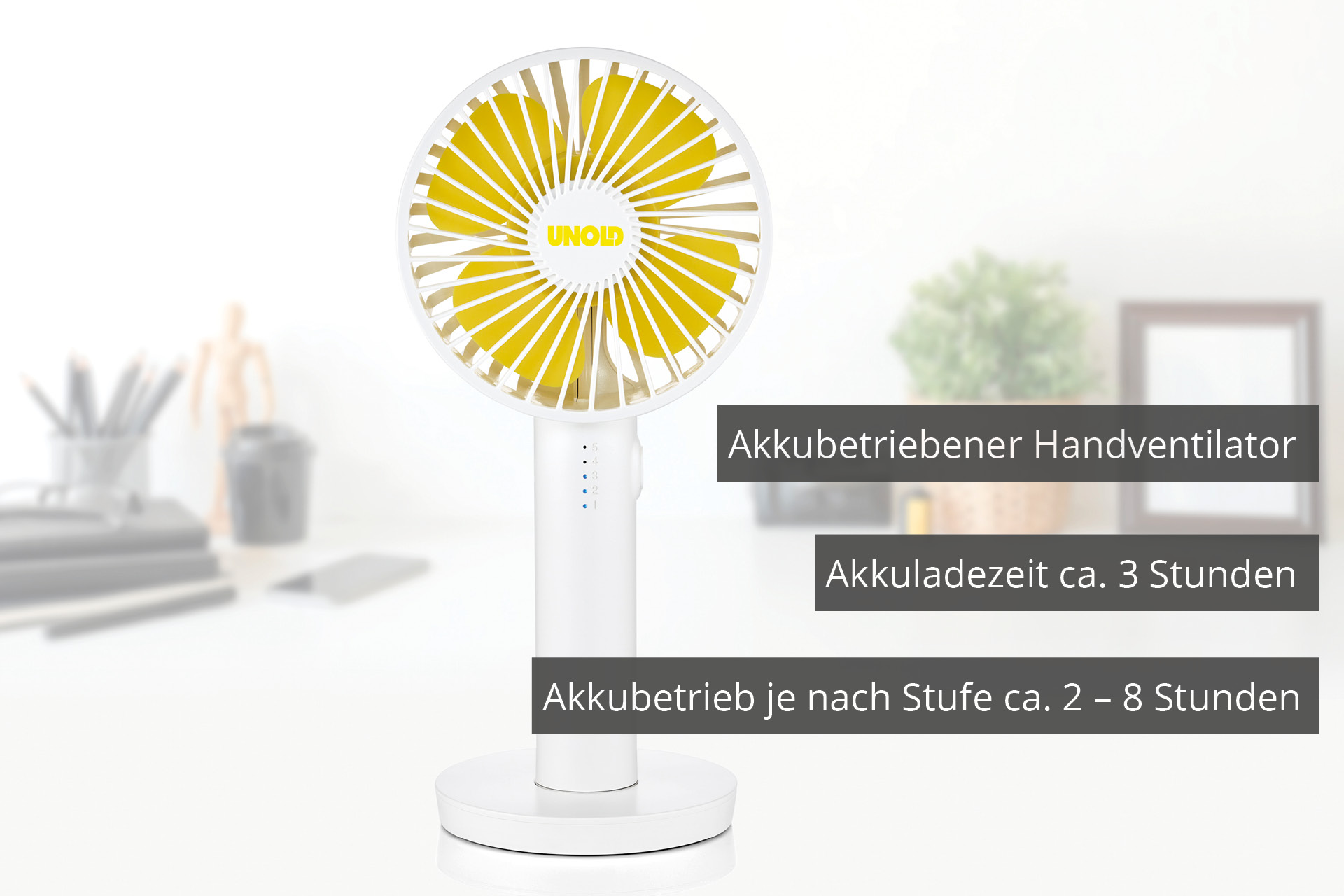 Weißer tragbarer Ventilator mit gelben Flügeln. Akkulaufzeit: 2-8 Stunden. Ladezeit: 3 Stunden.