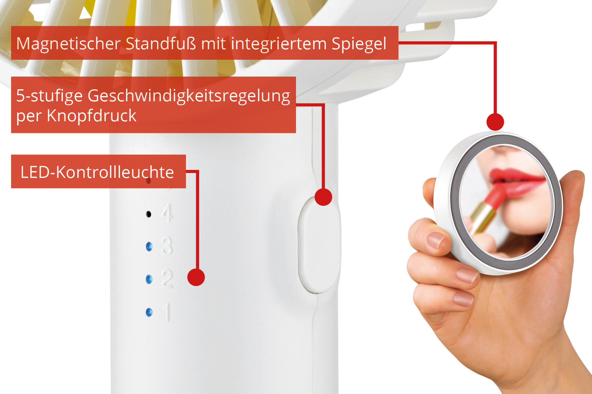 Nahaufnahme eines Beauty-Tools. Eine Hand hält einen Spiegel, der das Auftragen von Lippenstift reflektiert, mit Kontrollleuchten.