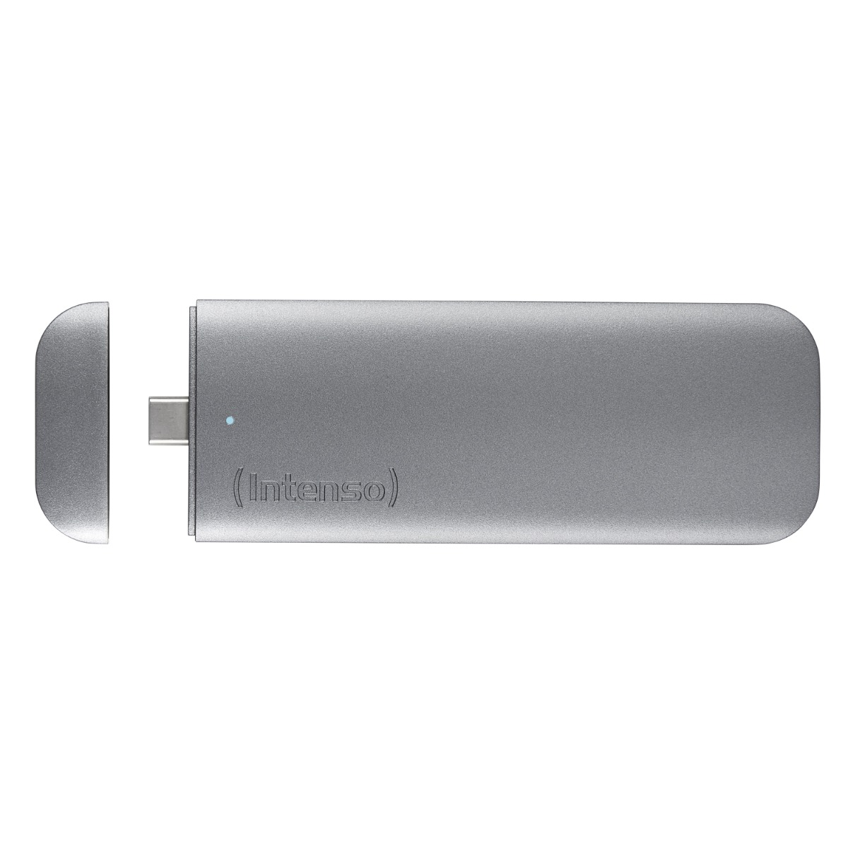 Silberner rechteckiger USB-C-Stick. Der Stick befindet sich neben seiner abgenommenen silbernen Kappe.