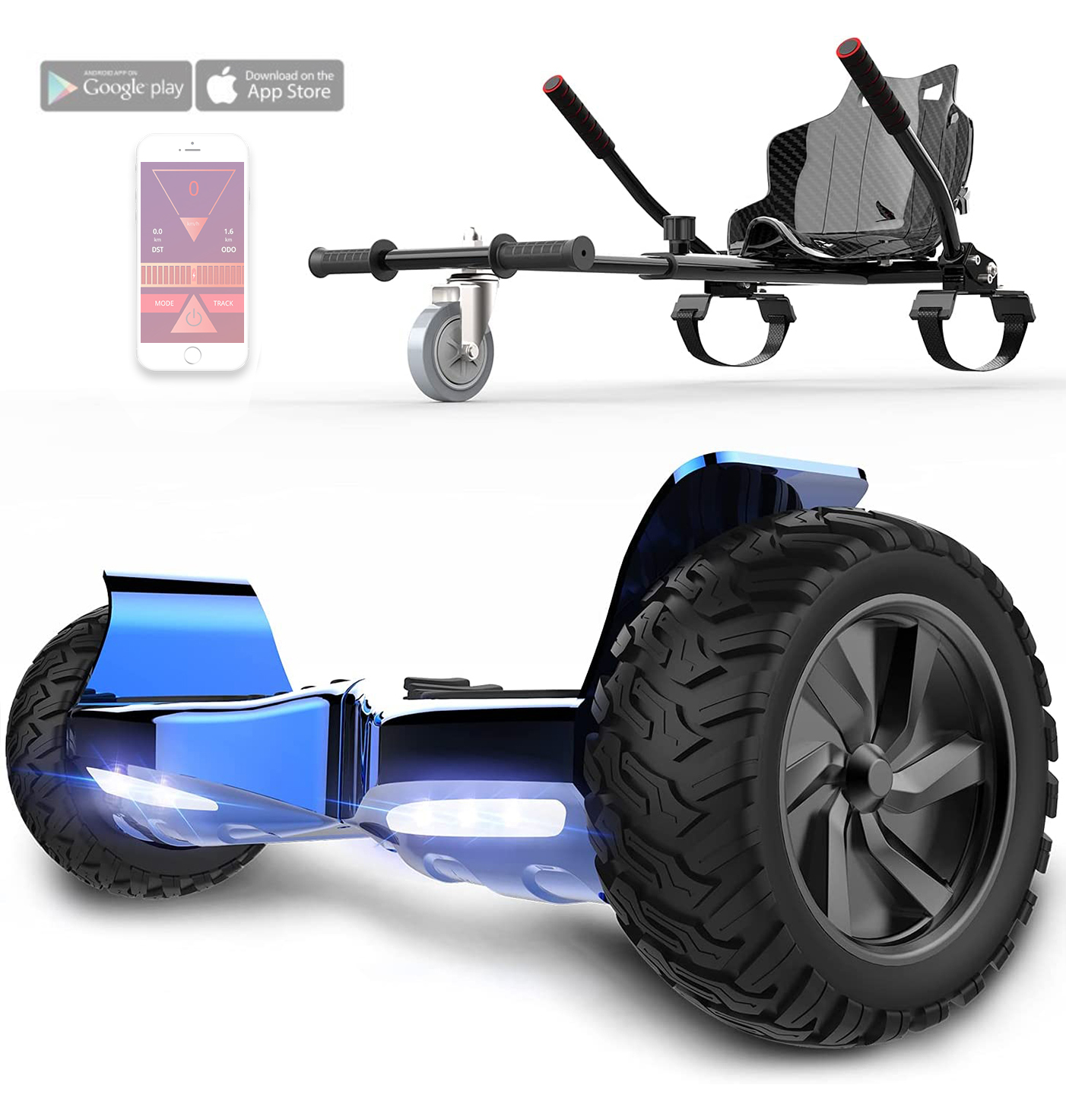 Blaues Hoverboard mit Sitz, Griffen und Smartphone mit Statistiken. Auf weißem Grund.