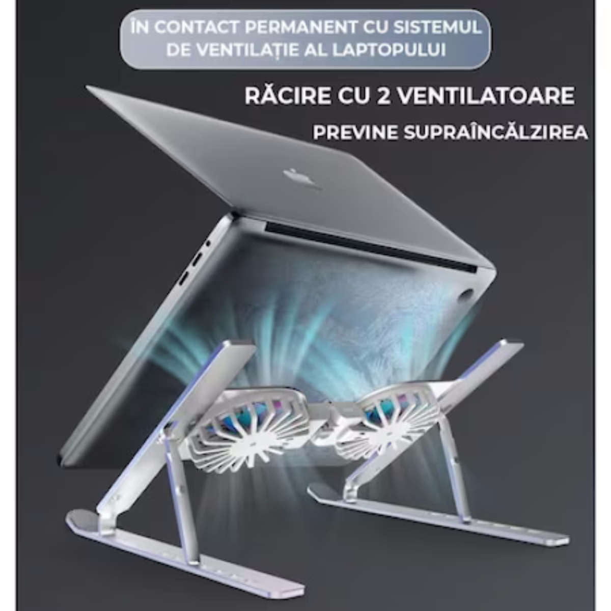 Ein Laptop auf einem Kühlständer mit zwei Lüftern. Der Ständer ist silberfarben, und der Laptop ist geöffnet.