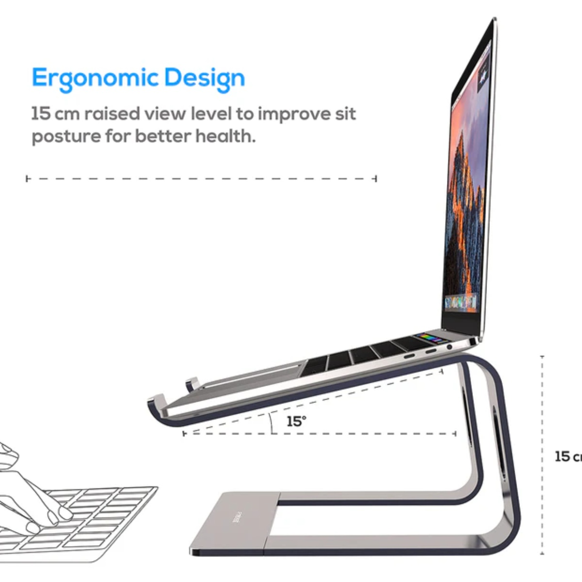 Laptop auf einem Ständer. Der Ständer ist silbern und hat ein geschwungenes Design. Der Laptop ist offen.