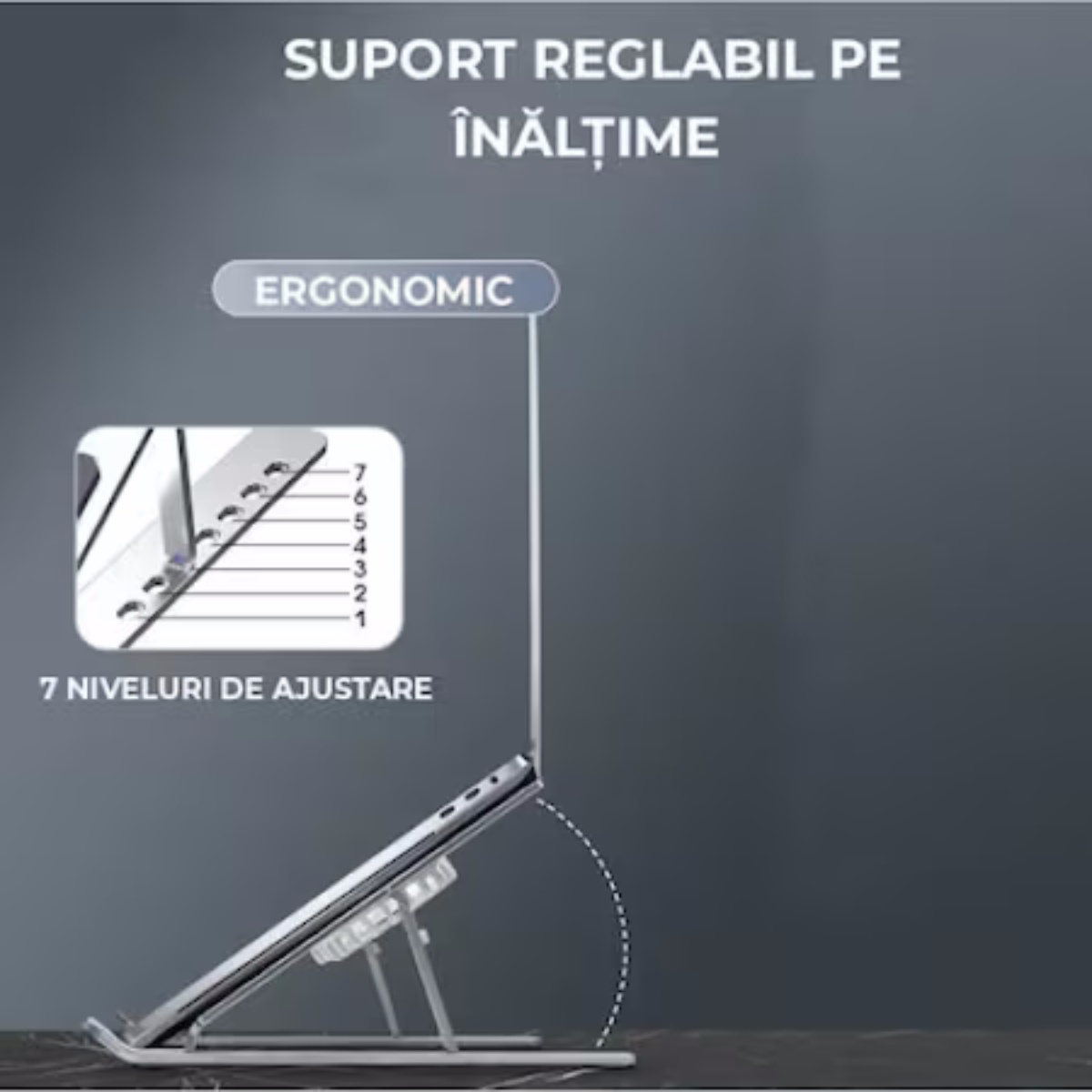 Ein silberner Laptop-Ständer. Der Ständer hat verstellbare Ebenen und hält einen Laptop in einem Winkel. Text: ergonomisch.