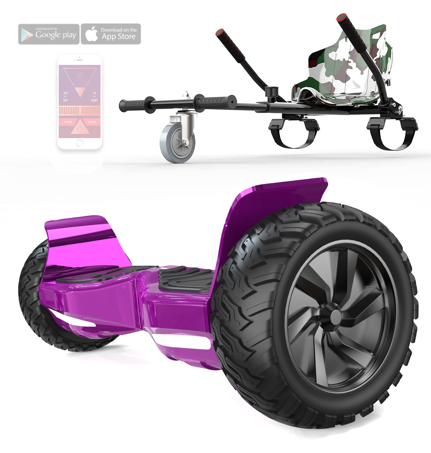 Un hoverboard rosa y un asiento negro y verde con un teléfono que muestra la interfaz de una app.