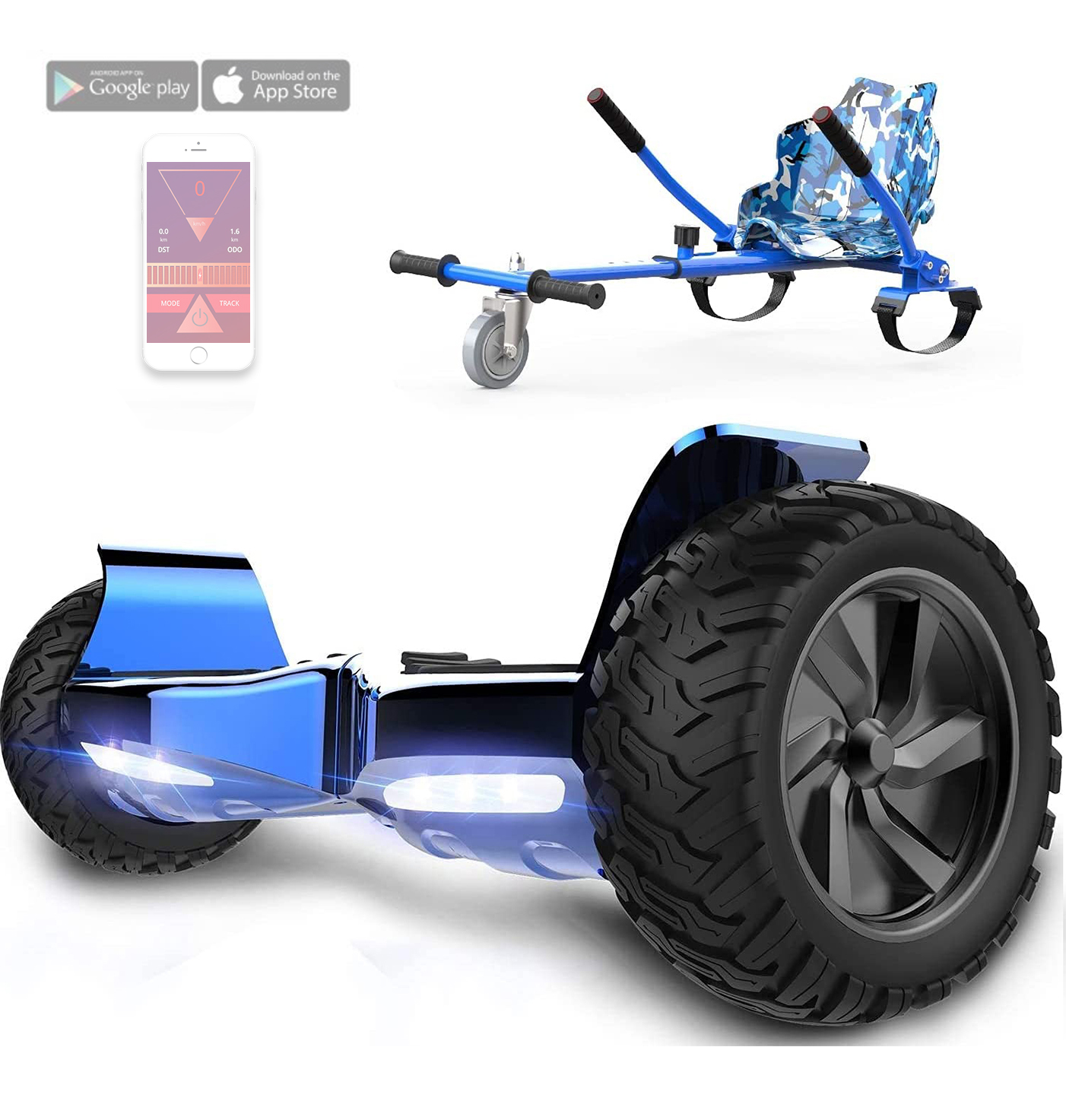 Blaues Hoverboard mit Sitz und Telefon mit App.