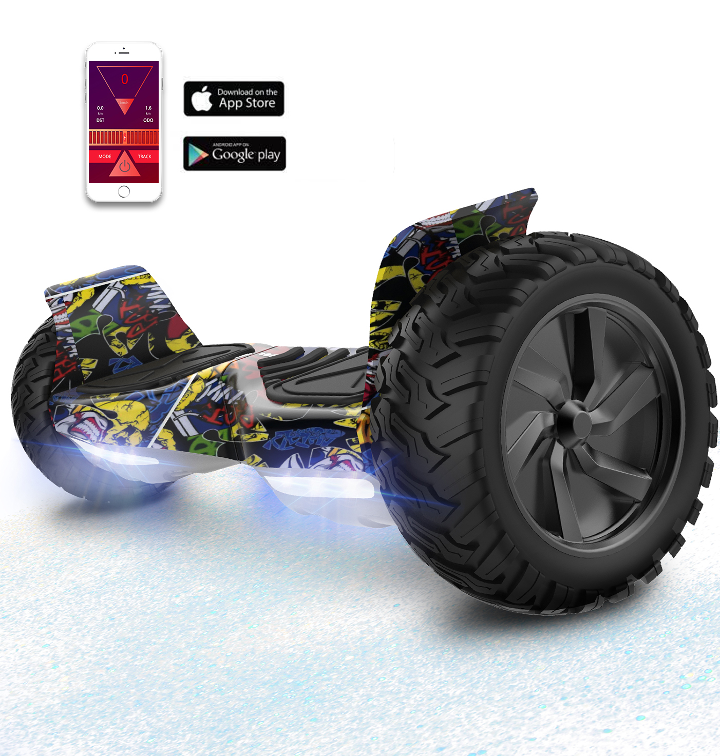 Offroad-Hoverboard mit Graffiti-Design und Telefon mit Daten.
