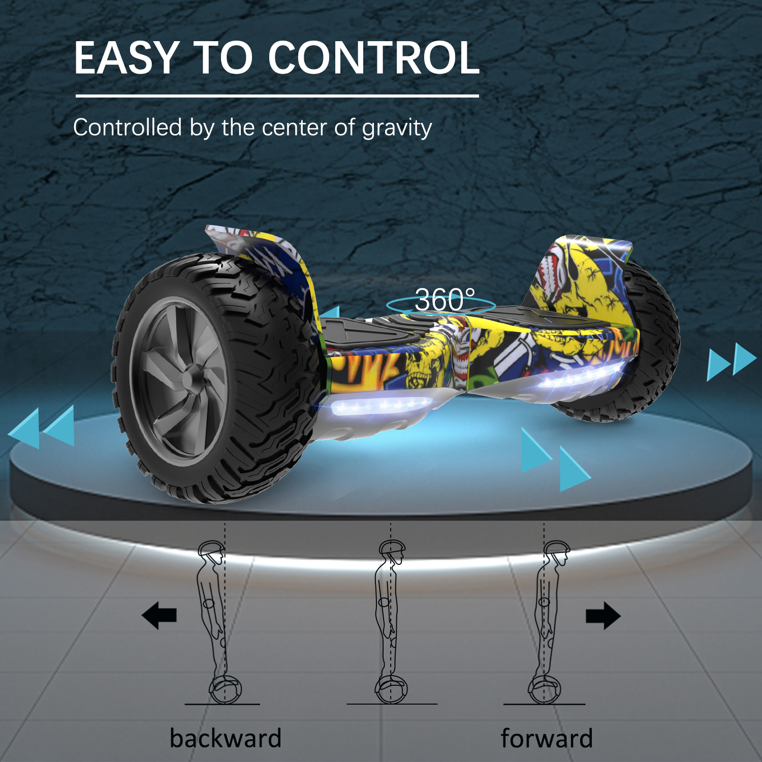 Hoverboard mit Illustrationen und Text, die zeigen, wie man es mit Körperbewegungen und einer 360°-Drehung steuert.