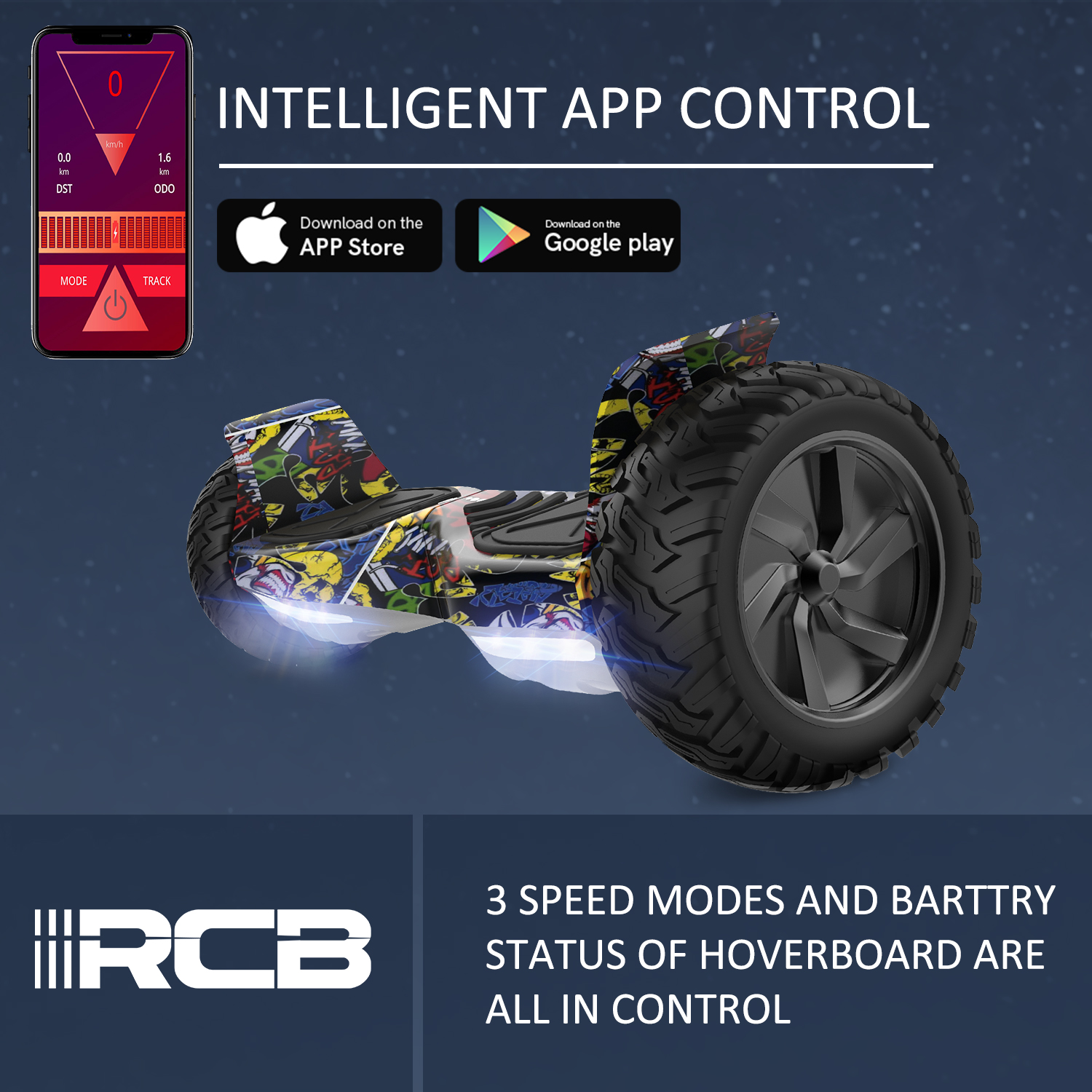 Ein Hoverboard mit Smartphone-App-Steuerung, Hoverboard und Markenlogo.