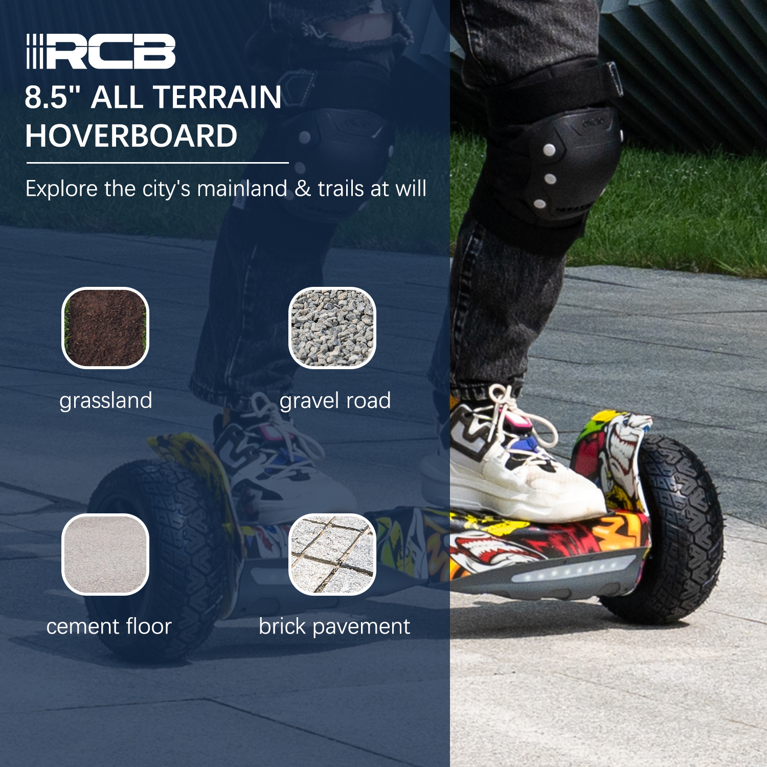 Eine Person auf einem Hoverboard mit Text und Bildern verschiedener Terrains: Gras, Kies, Zement und Ziegel.