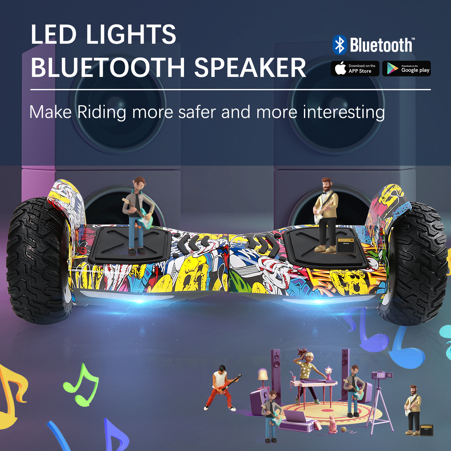 Hoverboard mit farbenfrohem Graffiti-Design, zwei Figuren spielen Gitarre und Text.