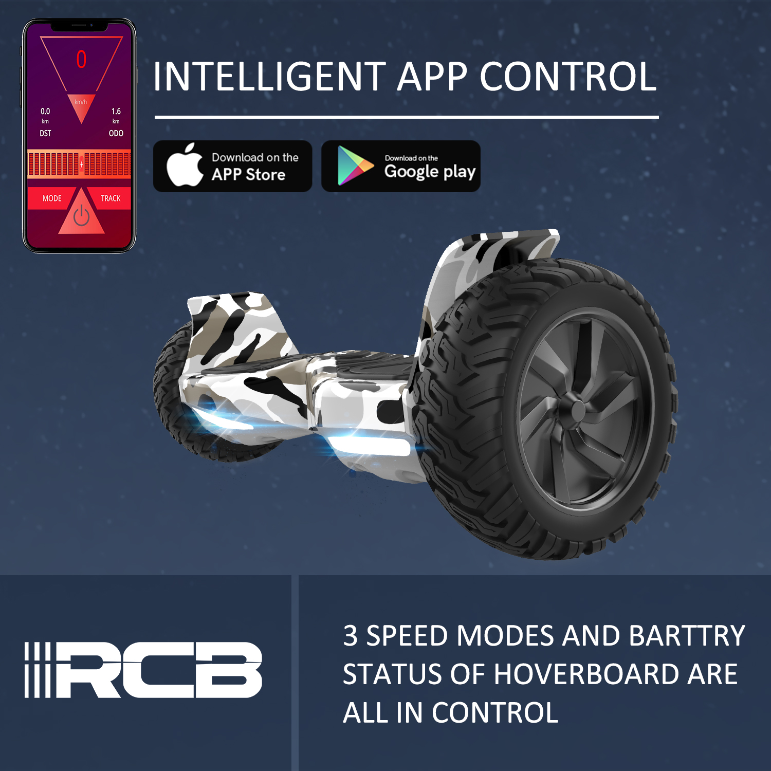 Hoverboard mit Tarnmuster. Das Bild zeigt eine Telefon-App mit Steuerungsoptionen.