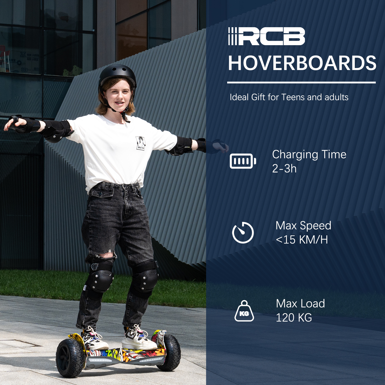 Teenager auf einem Hoverboard. Text auf der rechten Seite. Umgebung im Freien.