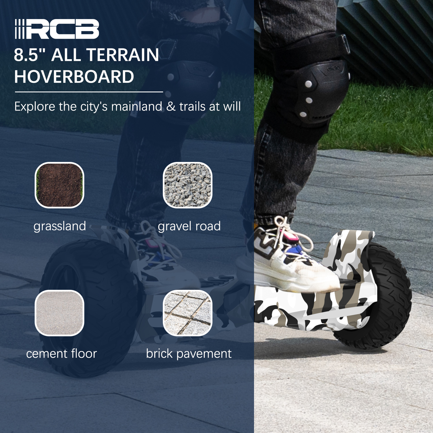 Eine Person auf einem Hoverboard, mit einem Diagramm, das verschiedene Terrains zeigt: Gras, Kies, Zement und Ziegel.