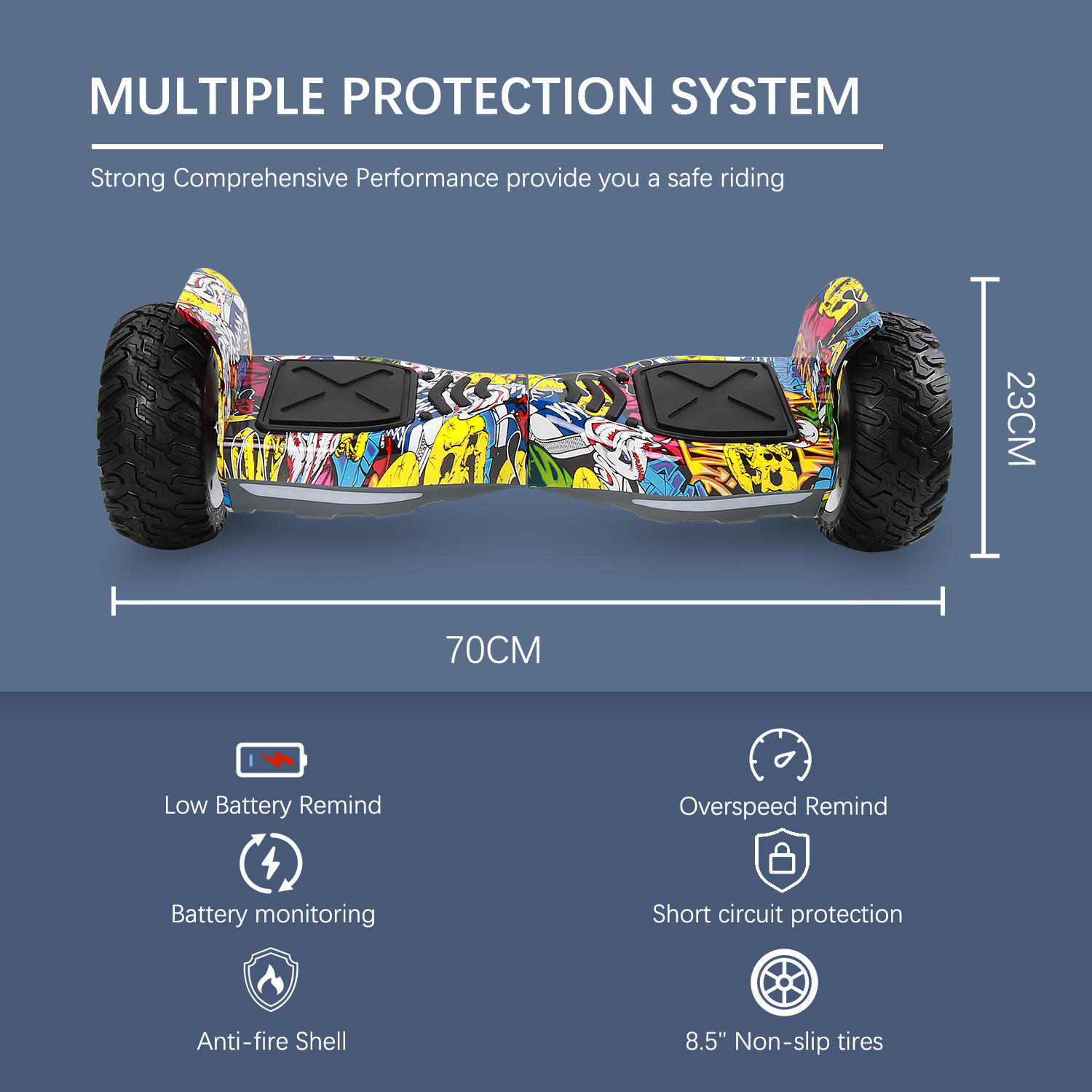 Hoverboard mit Graffiti-Design. Es hat große Reifen, und Text über Sicherheitsmerkmale wird angezeigt.