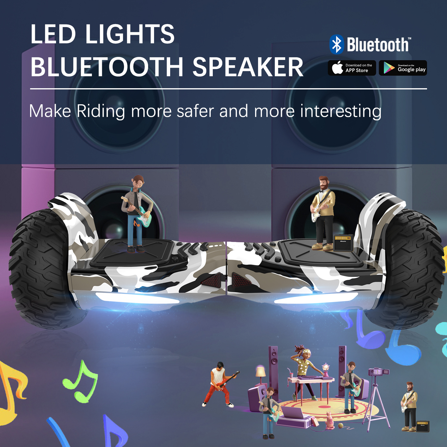 Ein Hoverboard mit Lautsprechern und Figuren, die Musik spielen. Bunte Noten schweben herum.