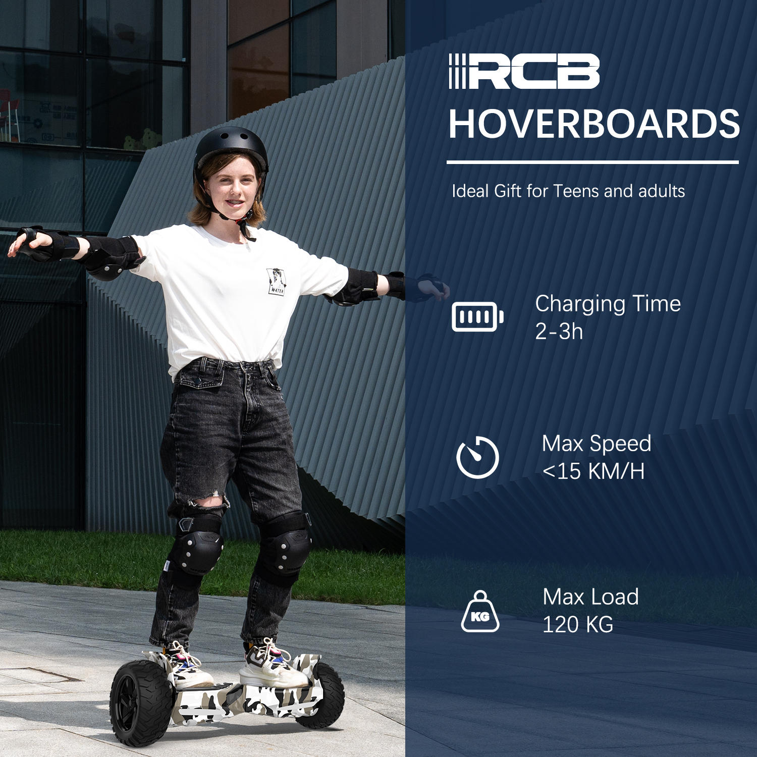 Teenager auf einem Hoverboard, mit Schutzkleidung, vor einem modernen Gebäude.