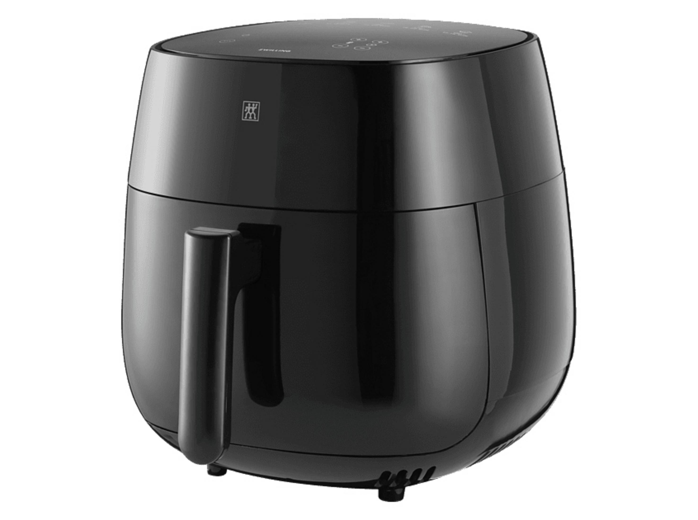 Czarna frytkownica. Ma uchwyt i cyfrowy wyświetlacz na górze.