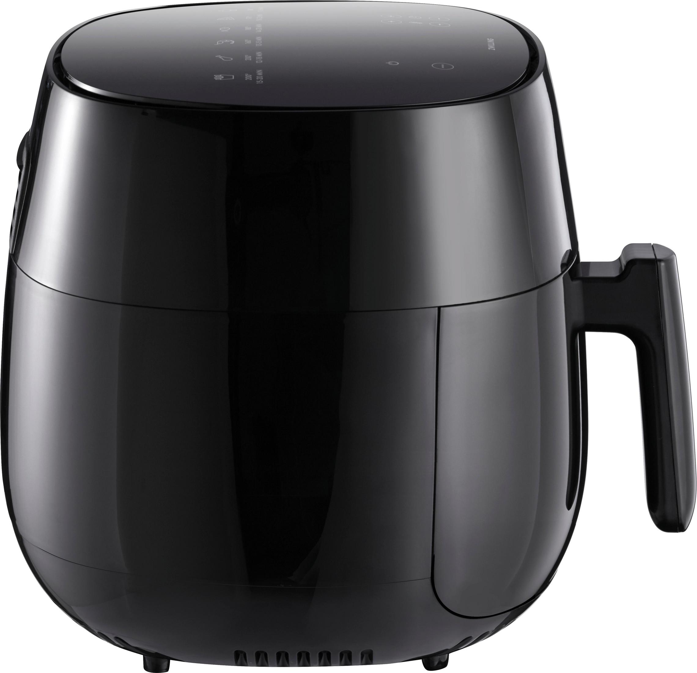 Czarna frytkownica powietrzna. Ma uchwyt i wyświetlacz cyfrowy.