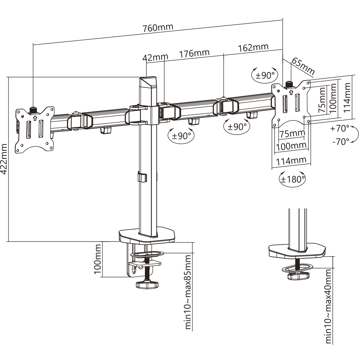 Technische Zeichnung eines Doppelmonitorarms. Zeigt Abmessungen und einstellbare Winkel.