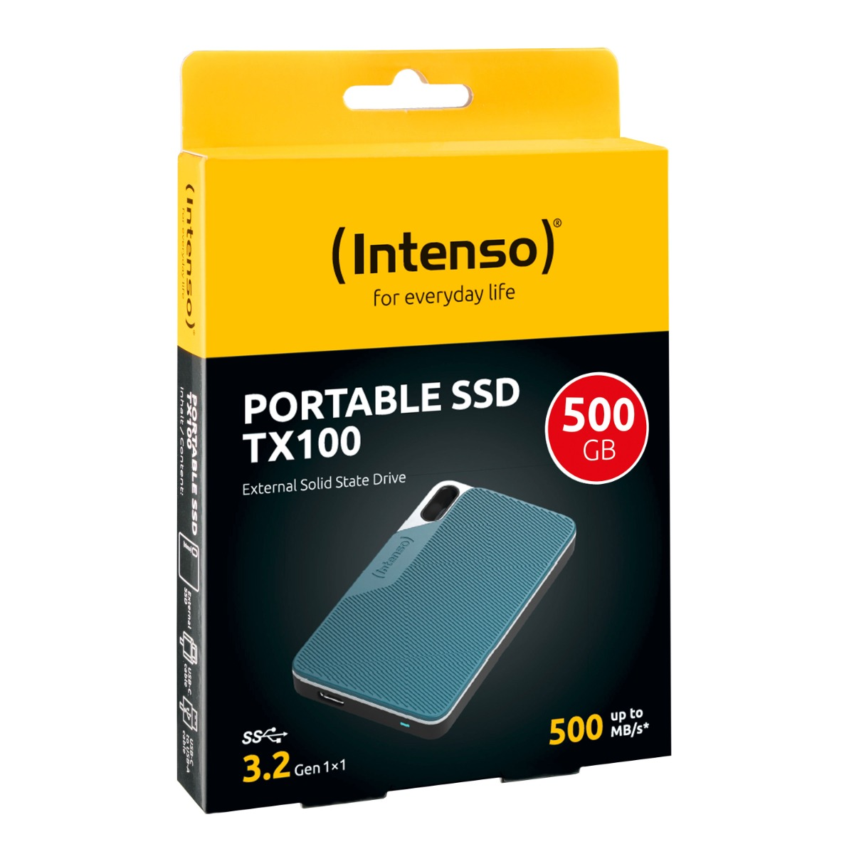 Intenso Portable SSD TX100. Niebieski i srebrny. W żółtym pudełku.