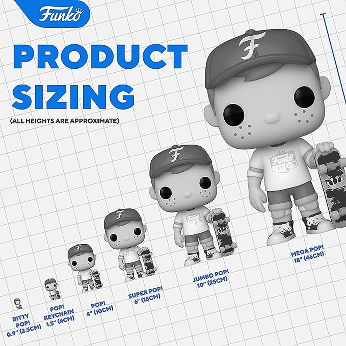 Funko Pop-Figuren in verschiedenen Größen, mit einer großen Figur im Vordergrund, die ein Skateboard hält.