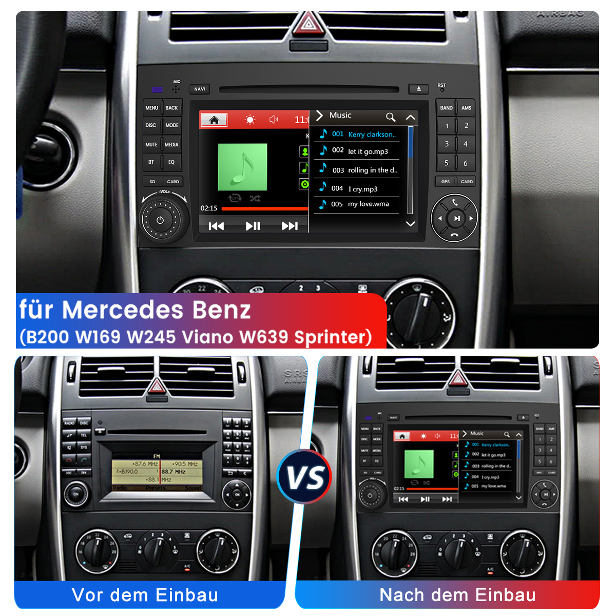 Autoradio-Display mit Musikwiedergabe. Der Text "für Mercedes Benz" steht oben mit Radioschnittstellen.