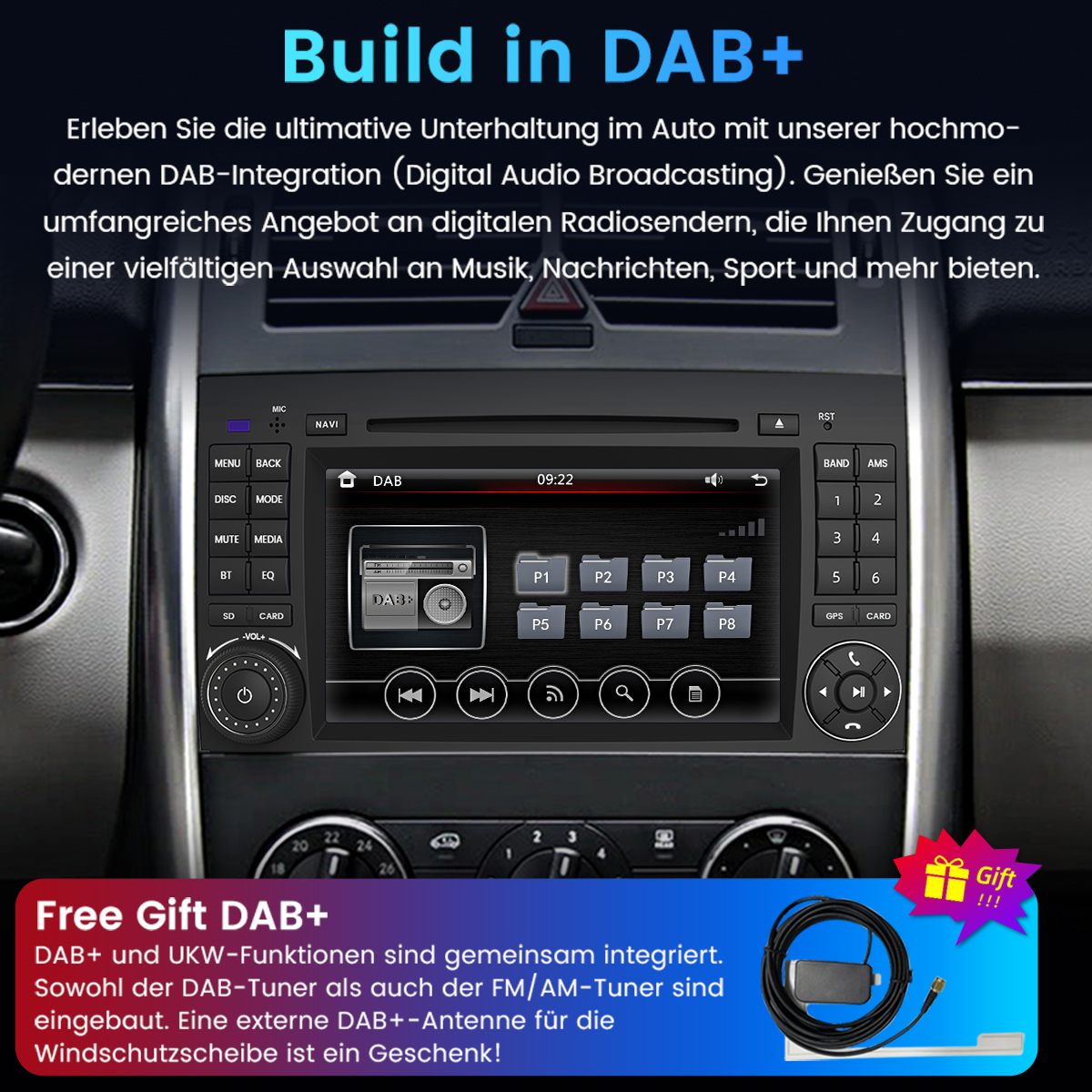 Autoradio mit DAB+-Funktionen und digitaler Anzeige. Inklusive externer Antenne. Text auf Deutsch.