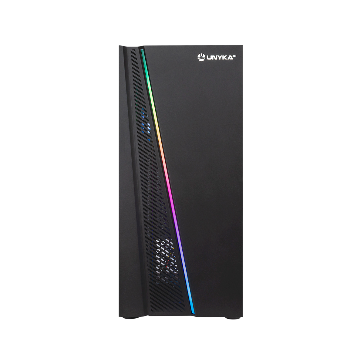 Una caja de ordenador negra con una tira de luz multicolor y el logotipo de UNYKA.