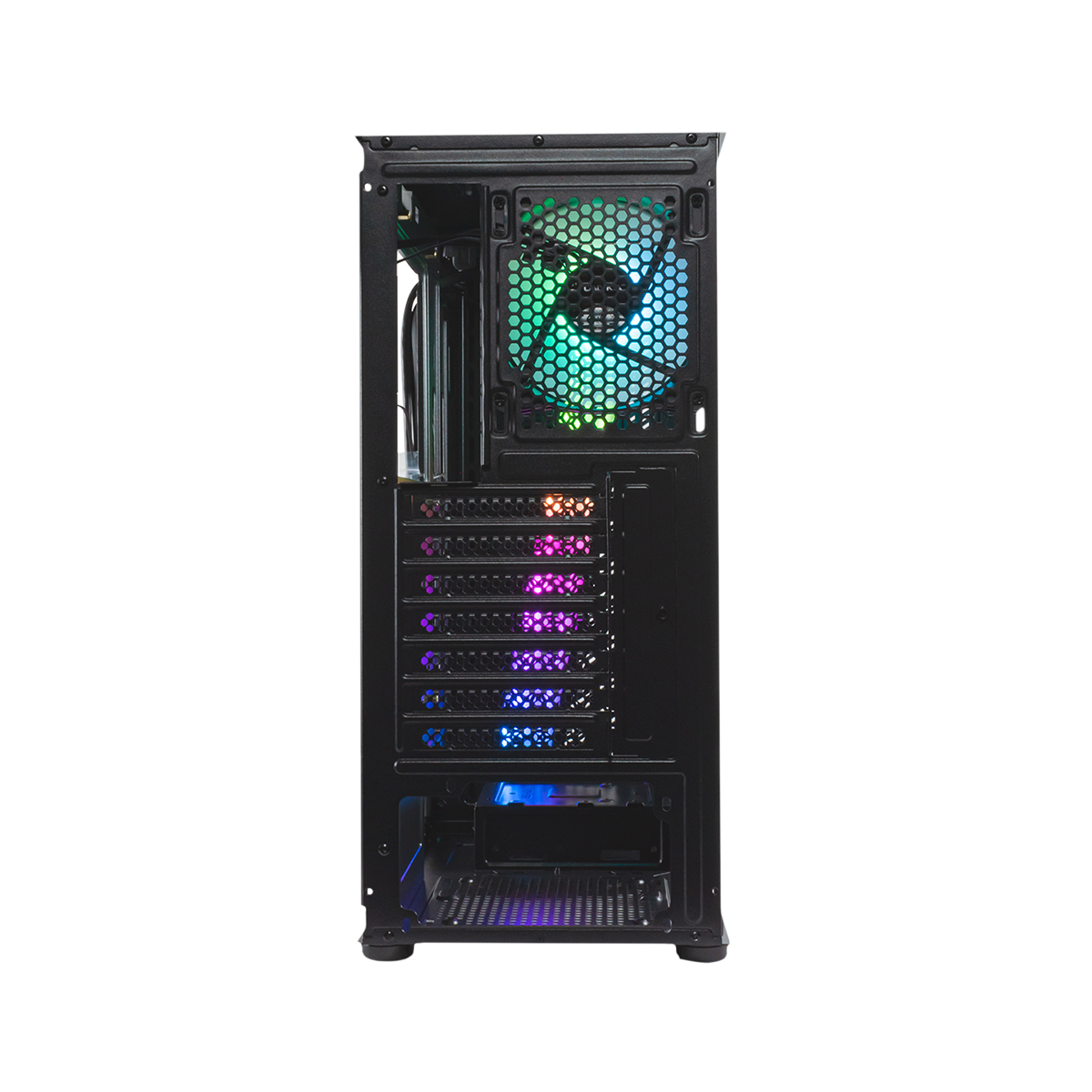 Carcasa de PC abierta. Dentro, un ventilador con iluminación RGB. La carcasa es negra.