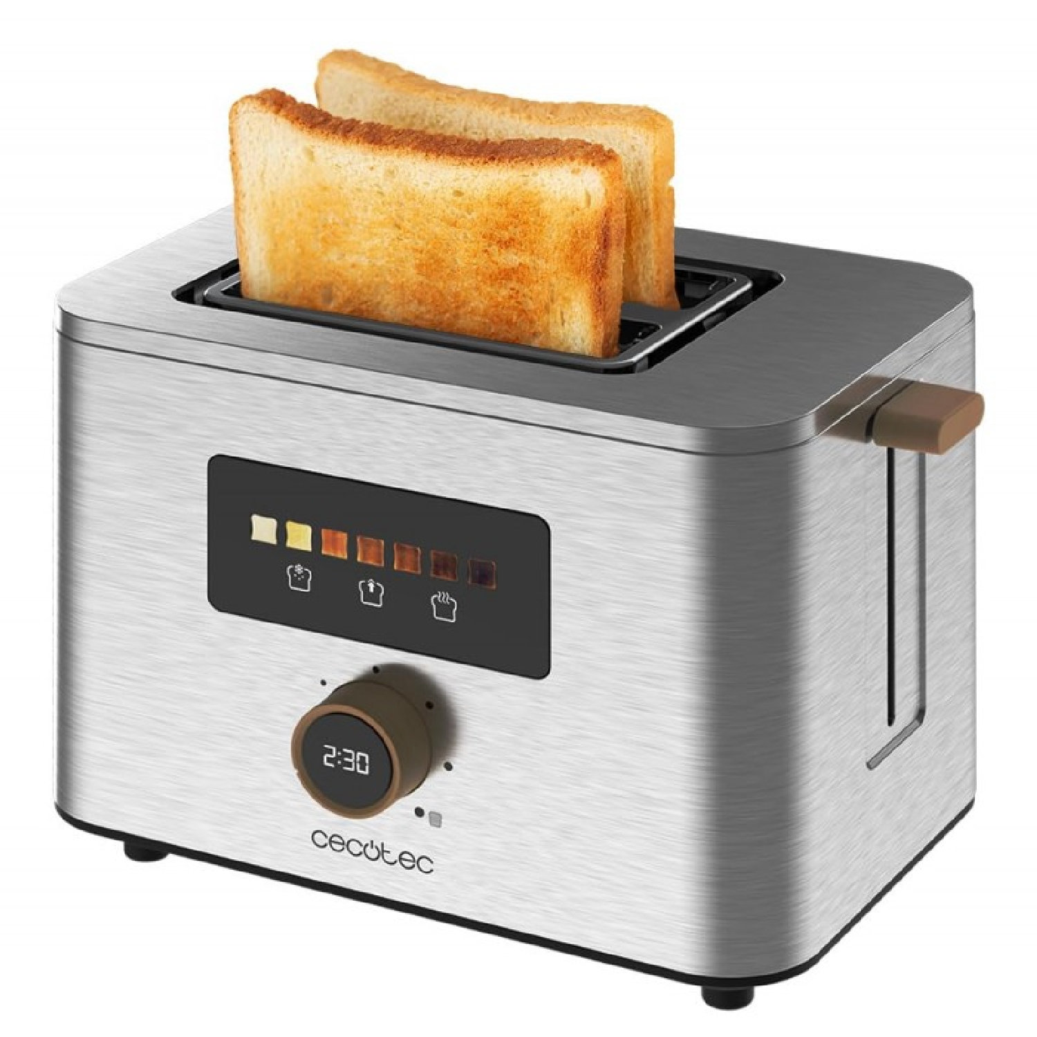 Tostapane argento con due fette di pane, pannello di controllo e timer.