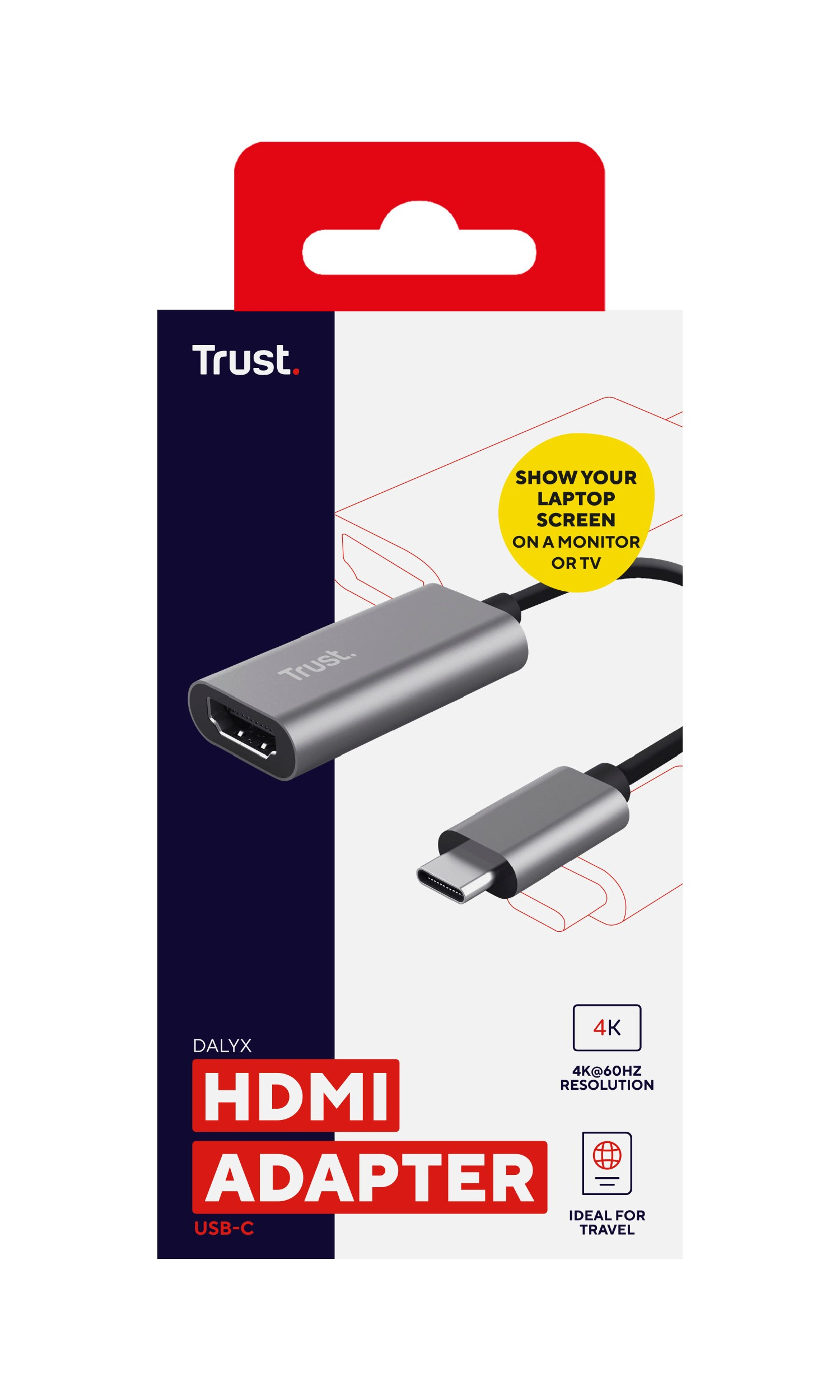 HDMI-adapterverpakking met een adapter en een USB-C-connector.