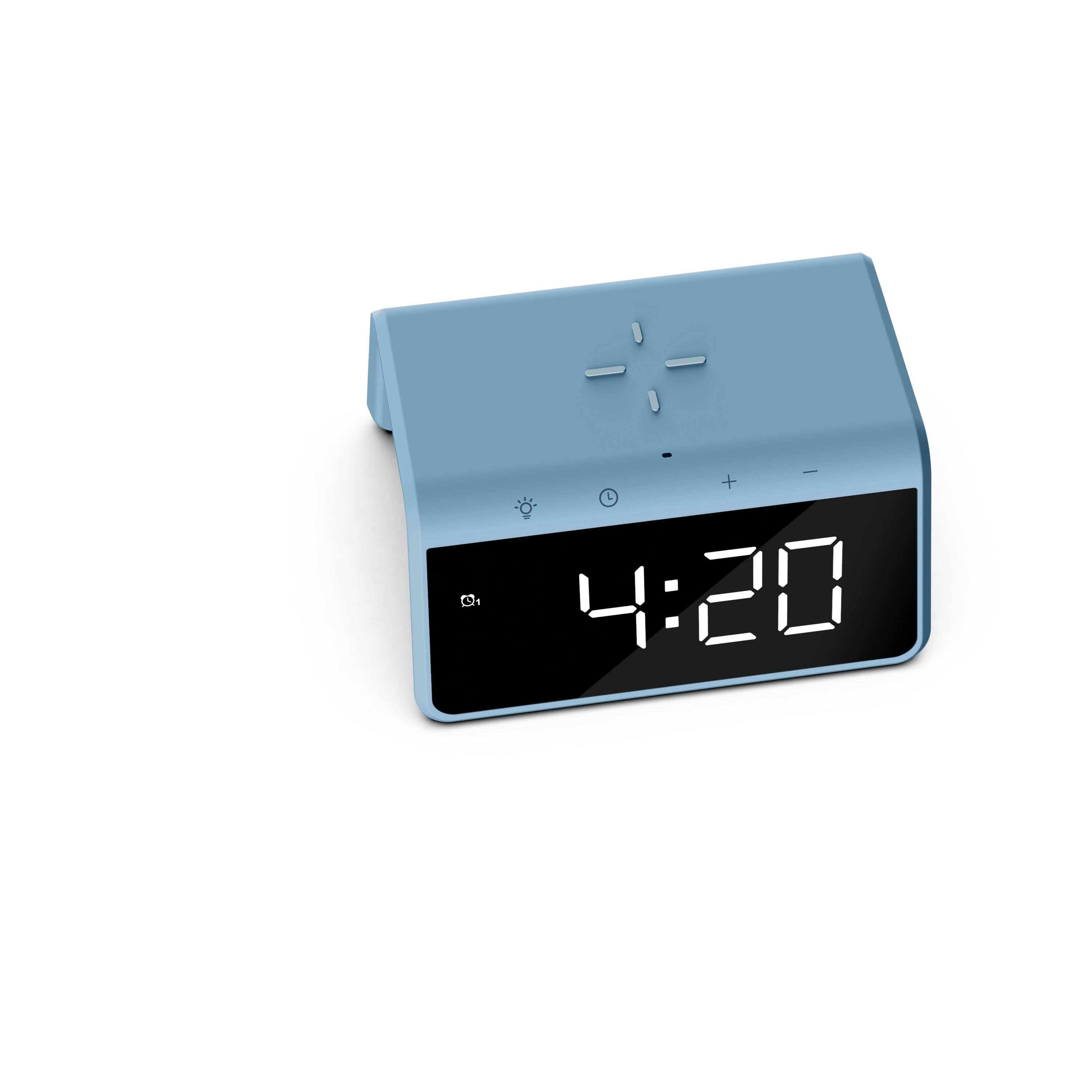 Blue digital clock with 4:20 displayed, white background, and some buttons on top.