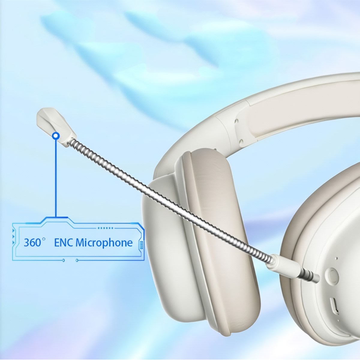 Auriculares blancos con micrófono flexible. El micrófono tiene un contorno azul con 360° ENC.