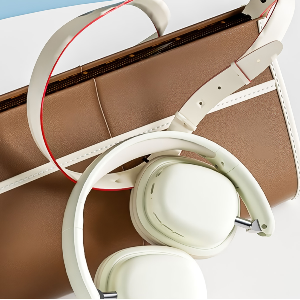 Un auricular blanco y una bolsa marrón con una correa blanca. Los auriculares son blancos y están sobre la bolsa.