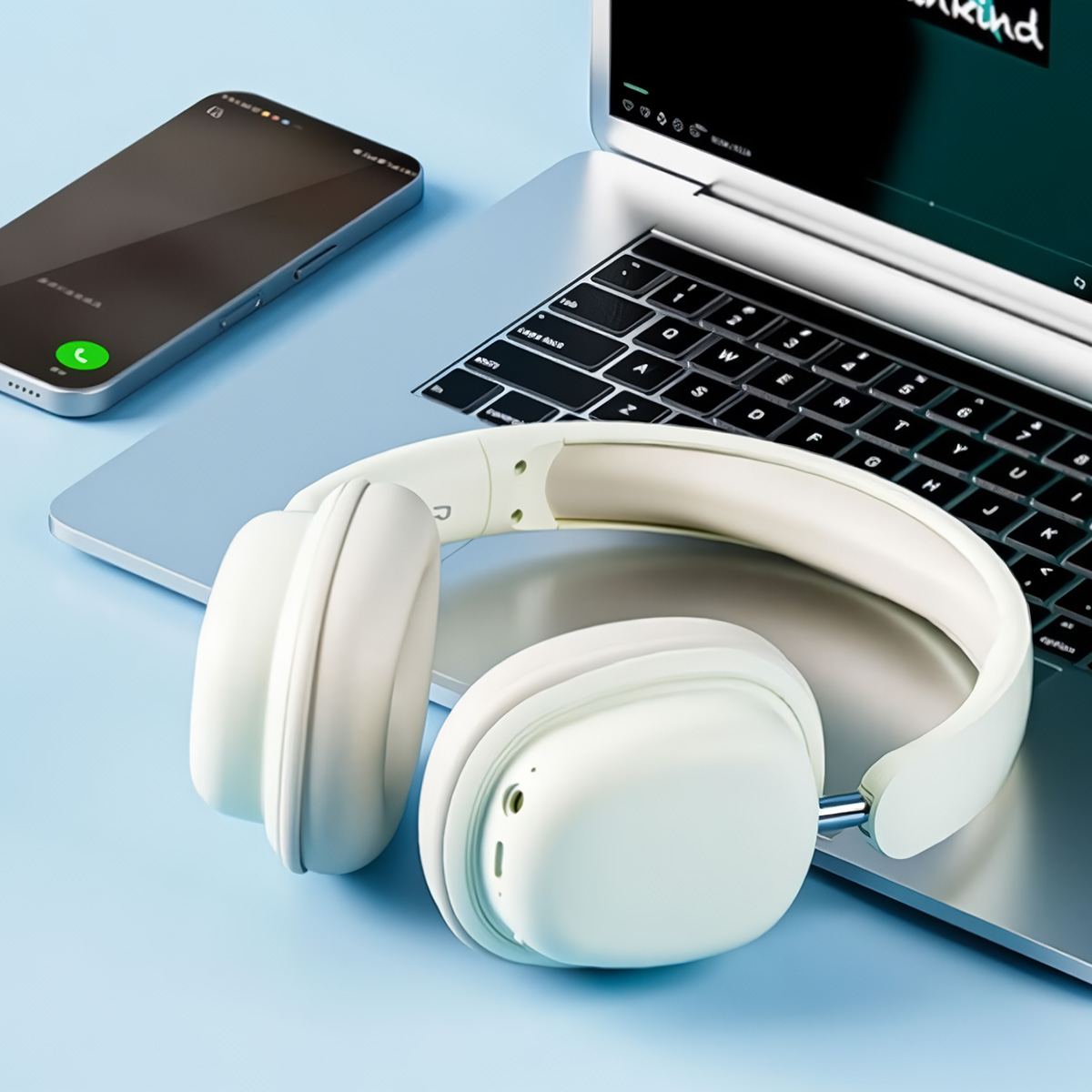 Auriculares blancos y un smartphone sobre un portátil. La pantalla del portátil muestra una aplicación de música.