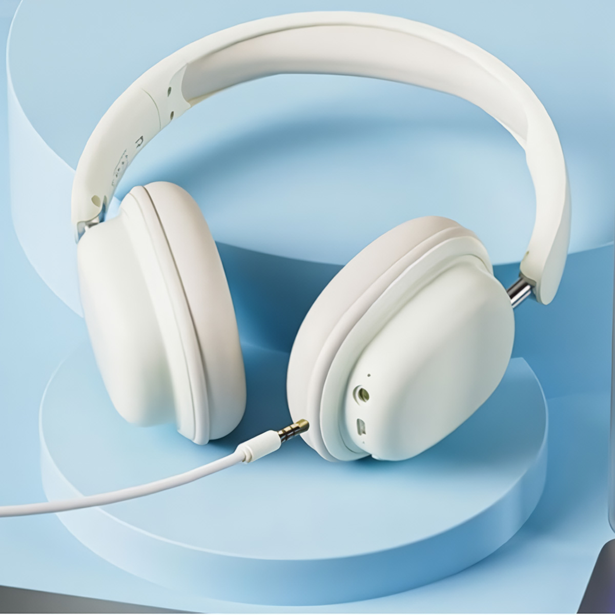Auriculares blancos supraaurales con cable blanco. Fondo azul.