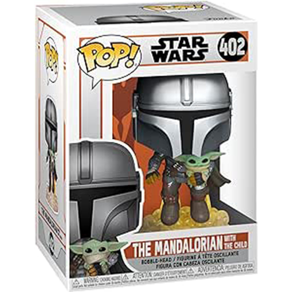 Eine Funko Pop-Box mit The Mandalorian und The Child. Die Box ist weiß mit dem Star Wars-Logo und dem Funko Pop-Logo.