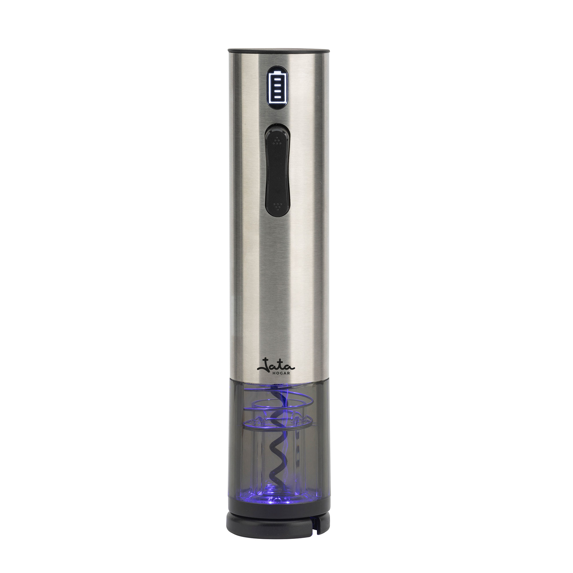 Abridor de vino eléctrico plateado y negro con botón negro y sección inferior transparente con espiral azul.