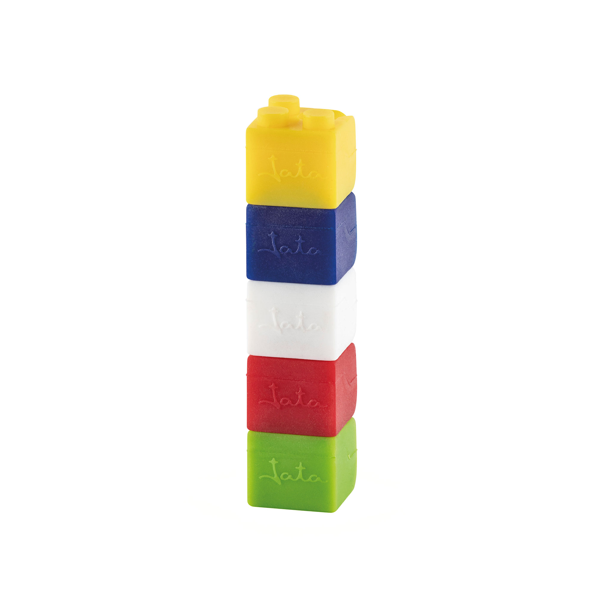 Una pila de cinco bloques de juguete coloridos en amarillo, azul, blanco, rojo y verde.