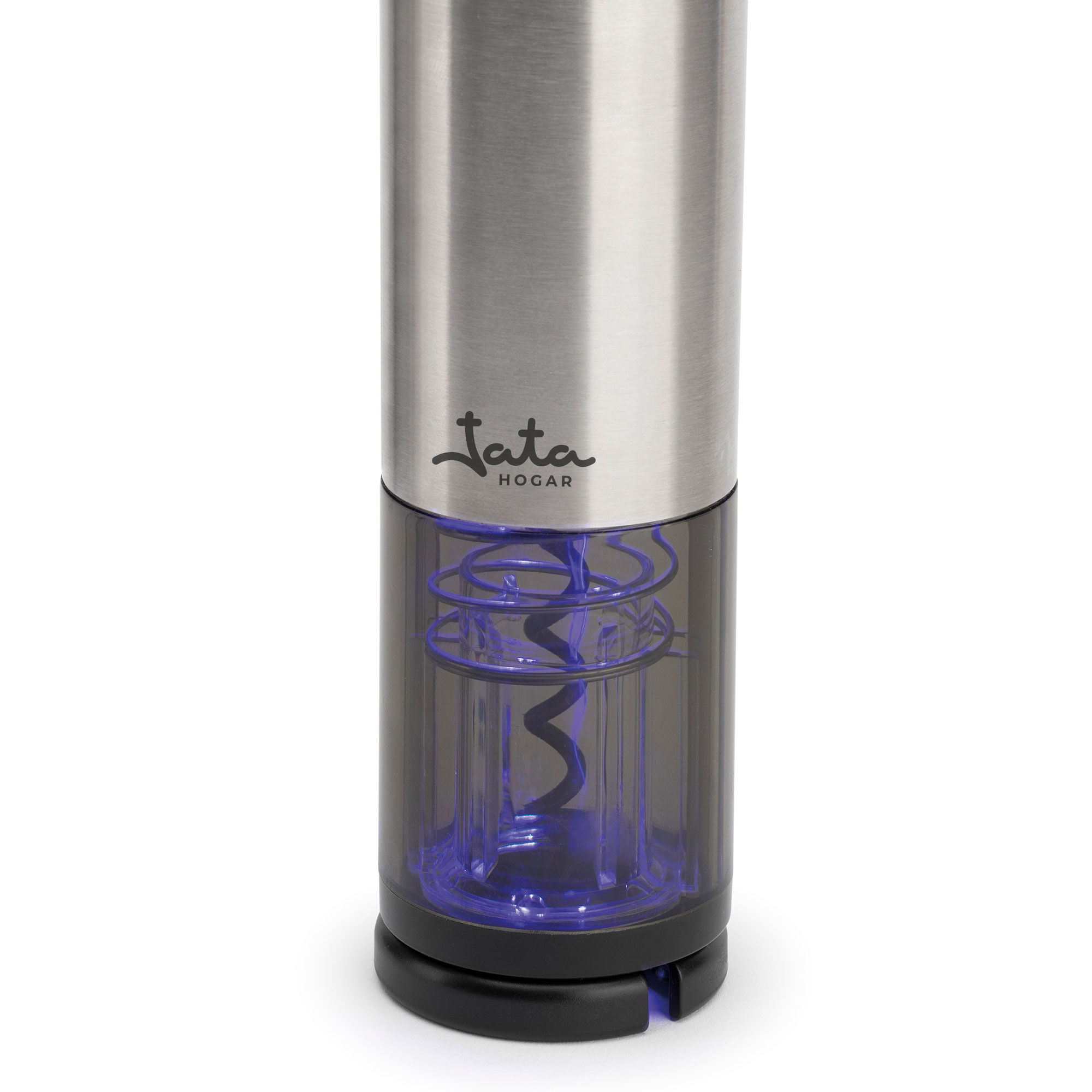 Abrebotellas eléctrico. Cuerpo plateado, fondo transparente con espiral azul. Fondo blanco.