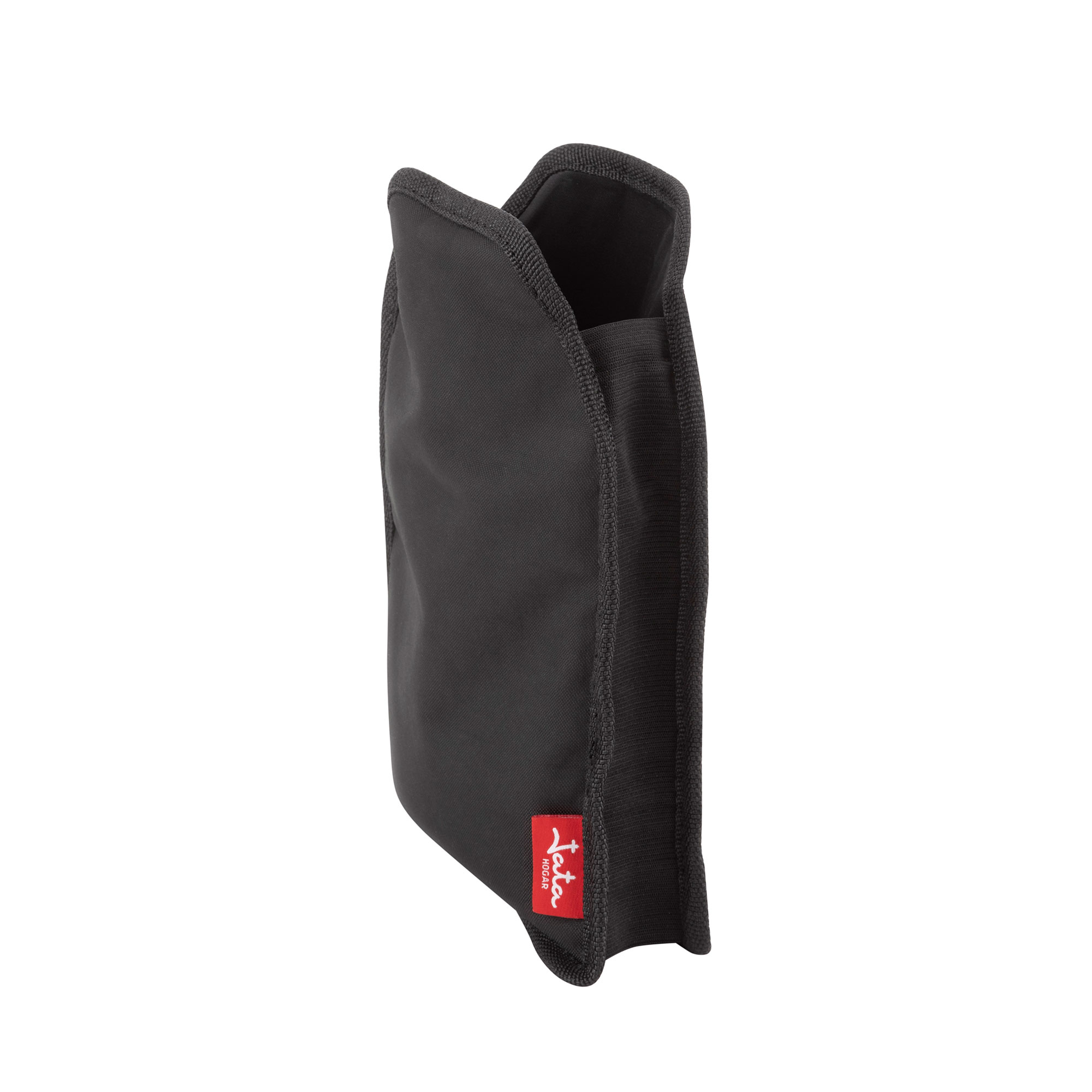 Una bolsa de cámara negra con el logo rojo 'Teta' sobre un fondo blanco.