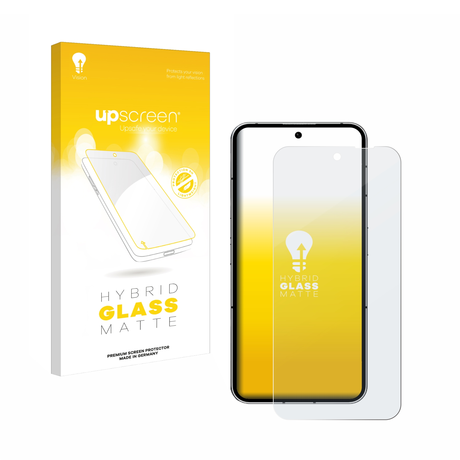 Weiße Box mit Glas-Displayschutzfolie und Telefon auf weißem Hintergrund, beschriftet 'Hybrid Glass Matte'.