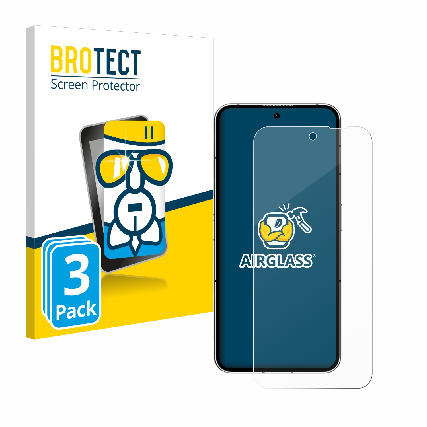 Verpackung für Displayschutzfolie mit Telefon und aufgebrachter Folie.