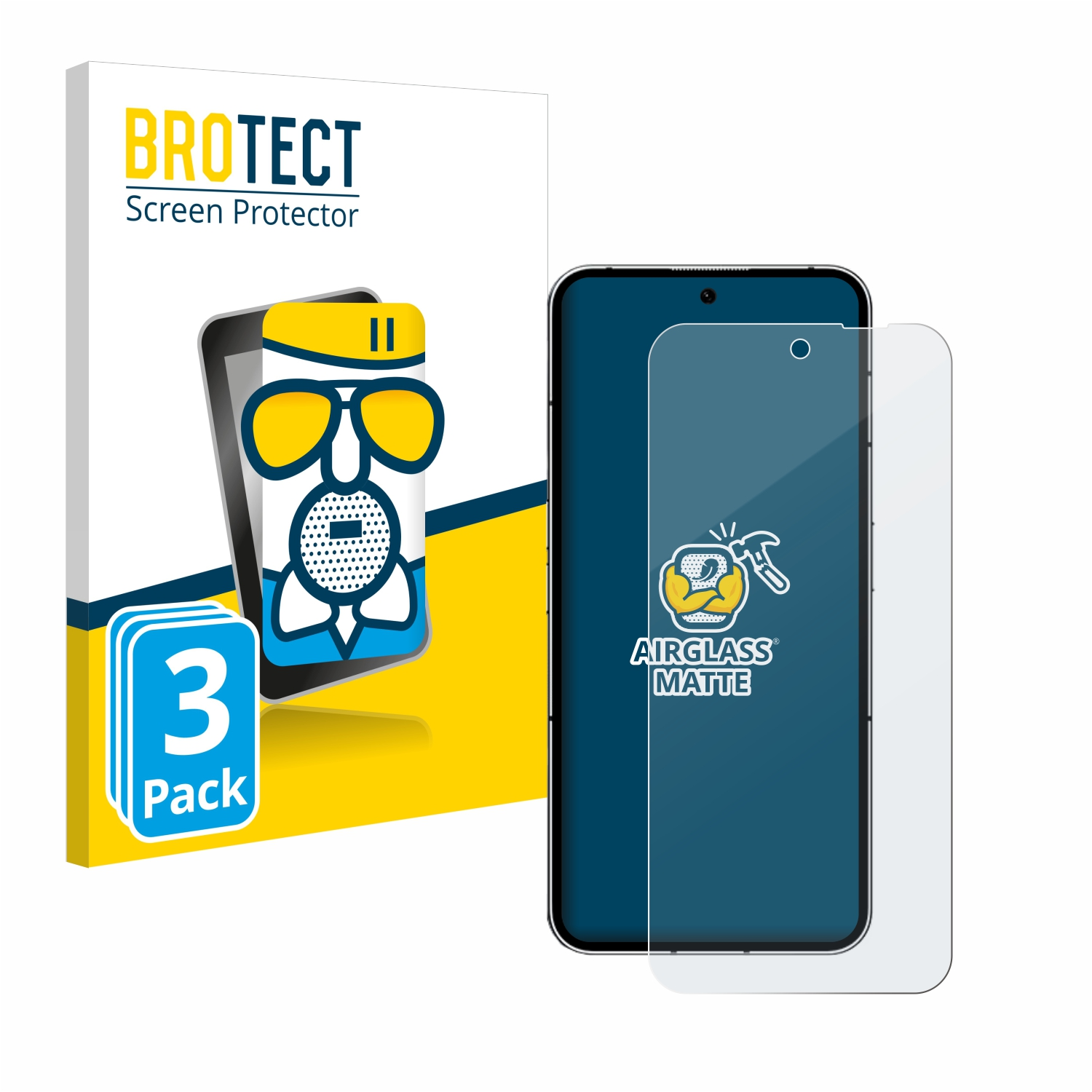 Telefon mit Displayschutz und Verpackung. Displayschutz ist klar.