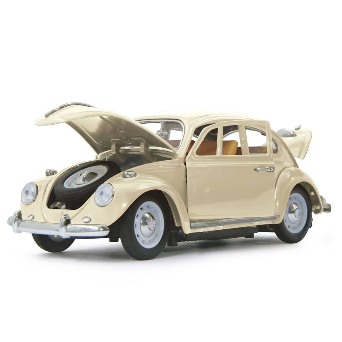 Beiges Spielzeugauto mit offener Motorhaube. Ersatzreifen sichtbar. Weißer Hintergrund.