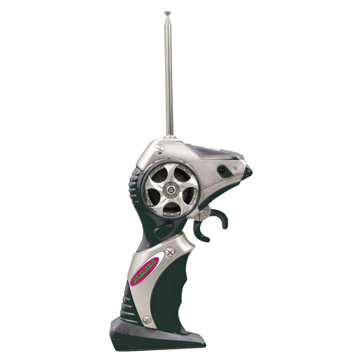 Silber-schwarze Fernbedienung mit Antenne, Auslöser und radähnlichem Knopf.
